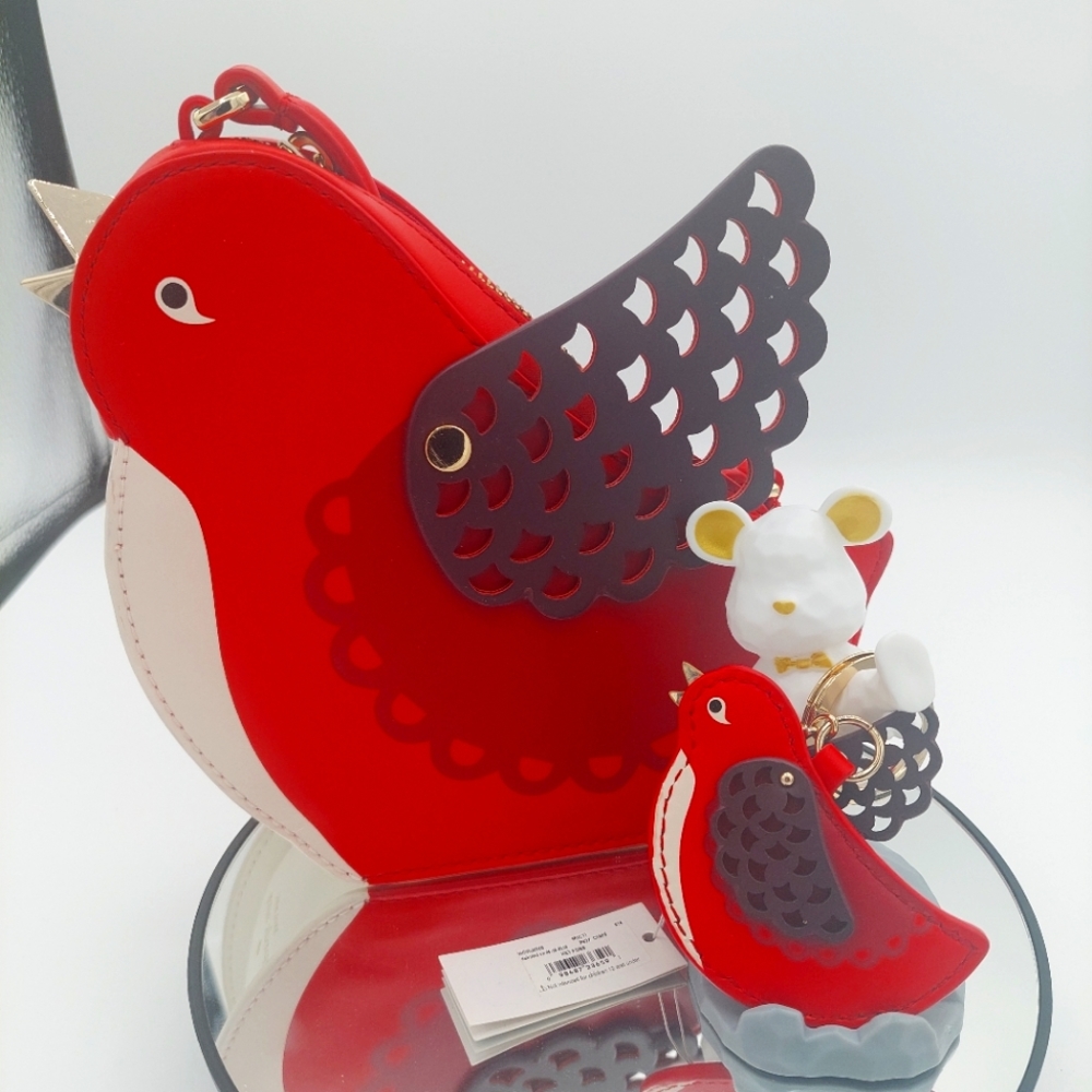 Kate Spade Bird Crossbody Red Robin leather Ooh LaLa Bird& keyring retail $489